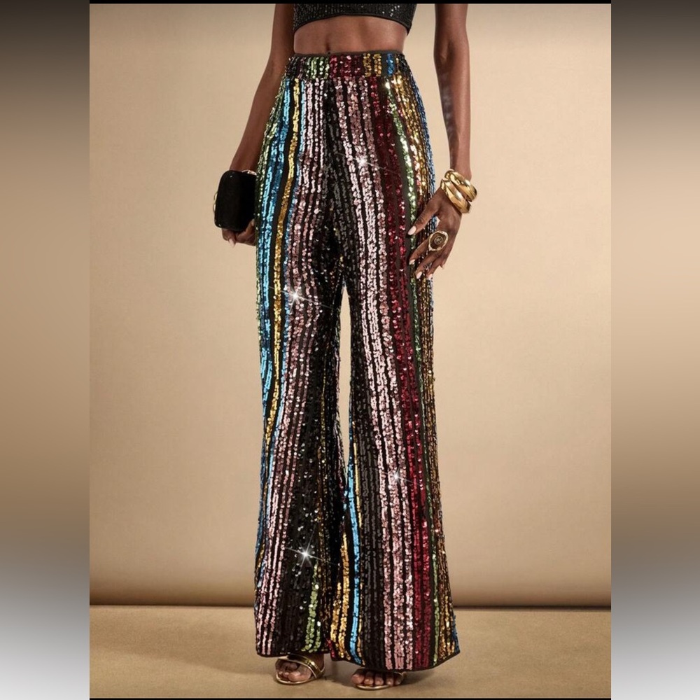 Women's Colorful Striped Sequin Straight Loose Pants Sequin Jumpsuit Sequin Pant - Picture 4 of 4